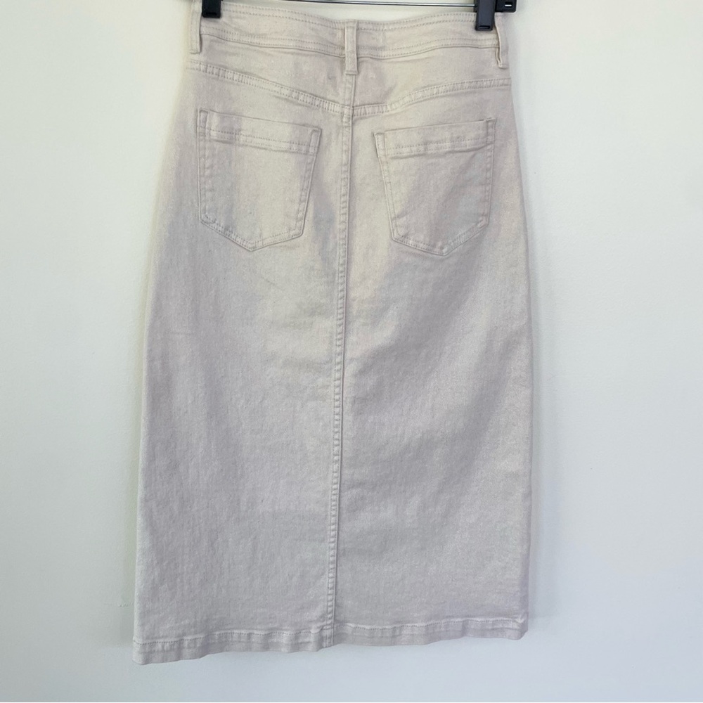 Habitual Center Slit Denim Midi Skirt Metallic Cream Ivory size 0/25 - Picture 8 of 12